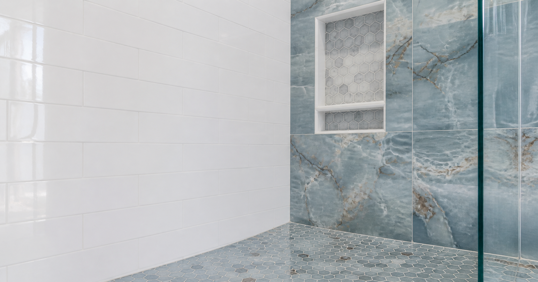 Luxury bathroom with blue marble tile installation in Riverside County